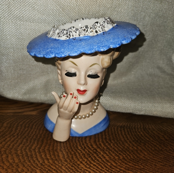 Vintage NAPCO Blue and Cream Lady Head Vase 1956